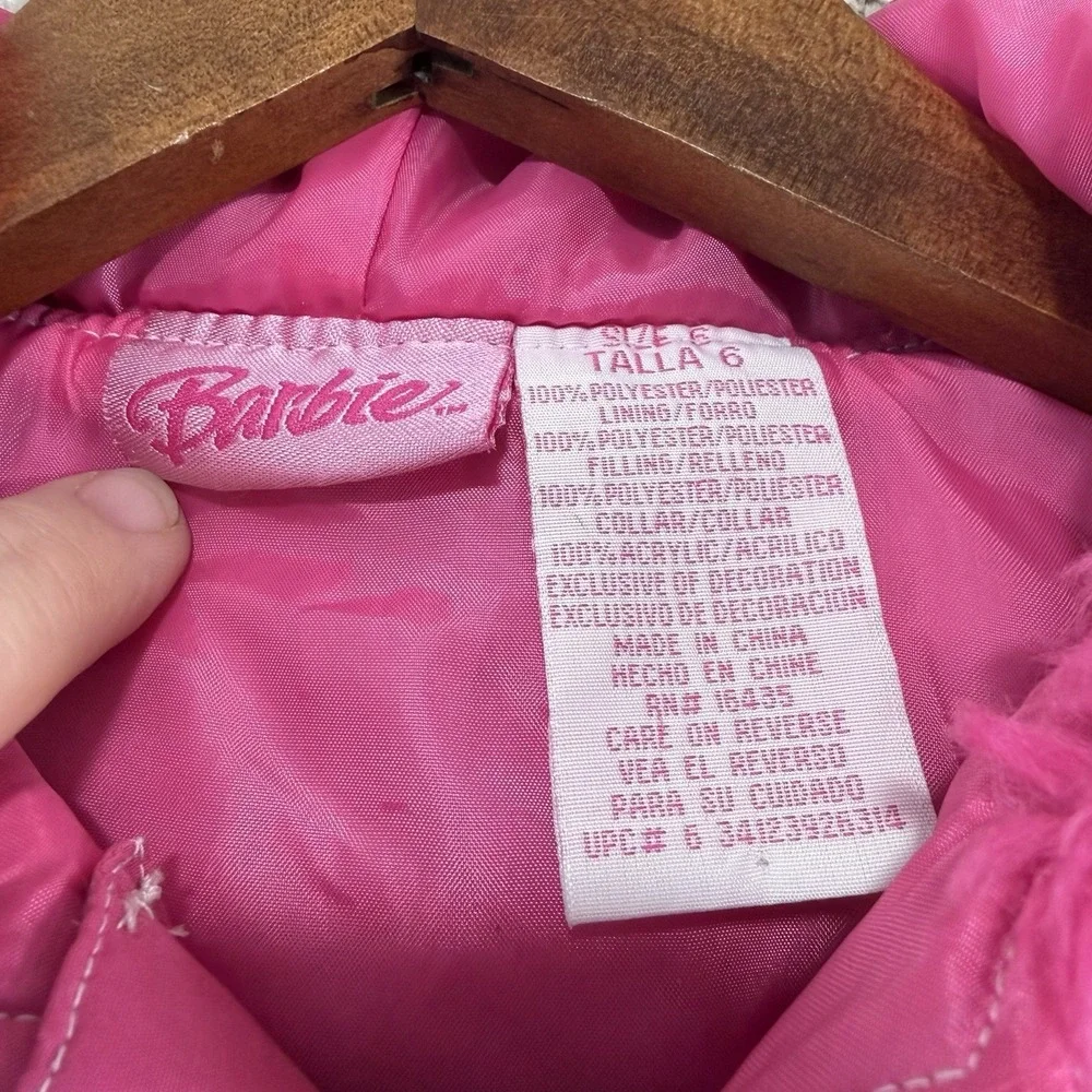 Y2K 2007 Barbie Puffer Vest Embroidered Logo Pink Faux Fur Lined Hood Sz 6 Girls